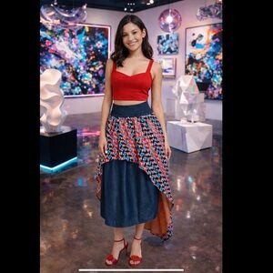 Advance Apparels Geometric Print Hi-Low Midi Skirt Elastic Waist